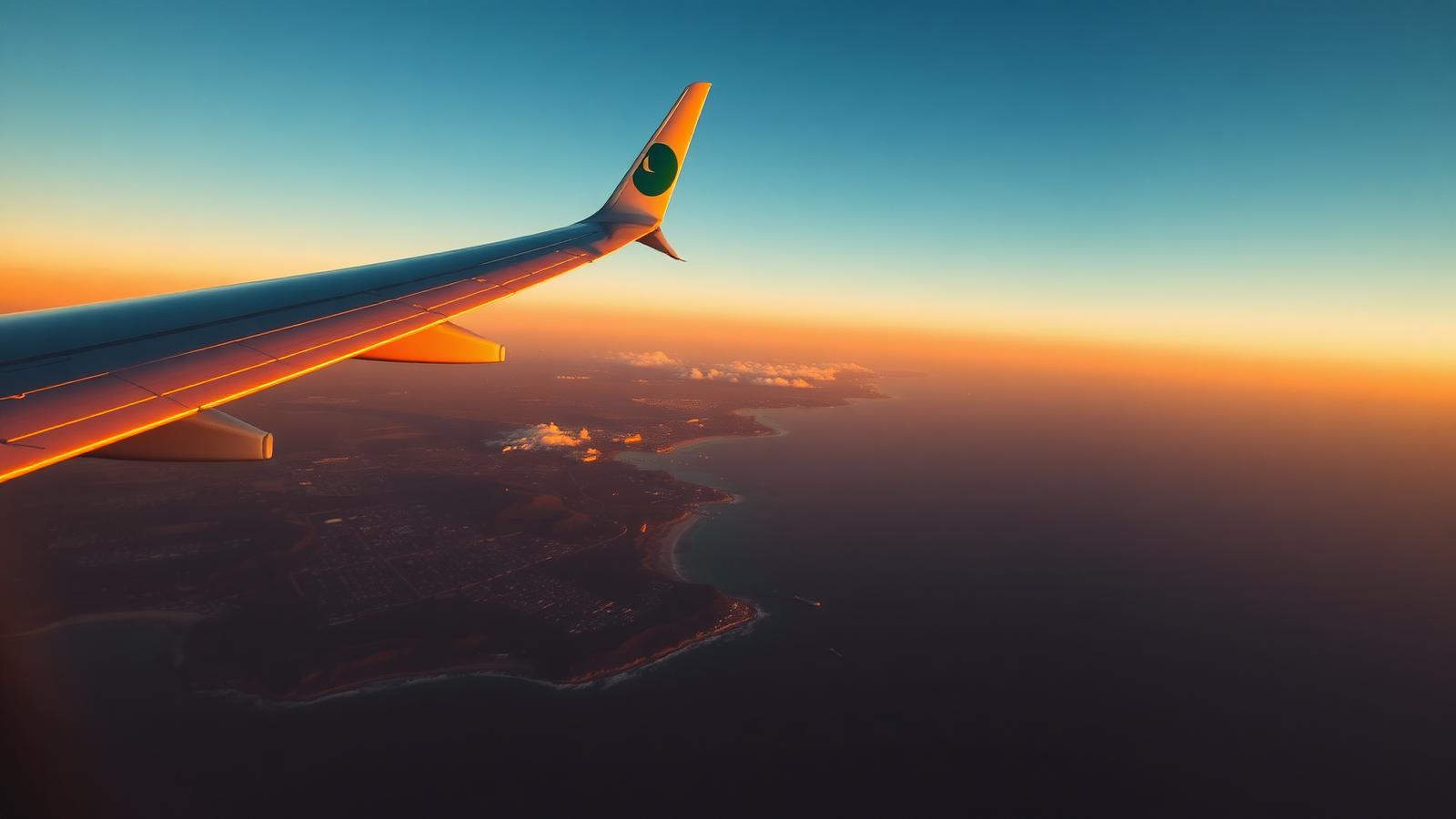 Vue d'un avion survolant le littoral au coucher du soleil